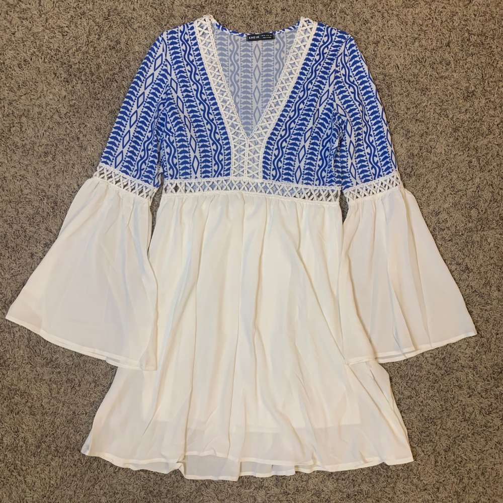 SHEIN Blue White Print V Neck Bell Sleeve Mini Dress Women XS